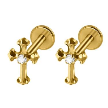 Imagem de Piercingpops 2 peças Planet Heart Cubic Zirconia Labret 16g Stud Piercing Tiny G23 Titanium Flat Back Cartilage Tragus Conch Helix Climber Brincos Lip Monroe para mulheres ou homens (cruz dourada)