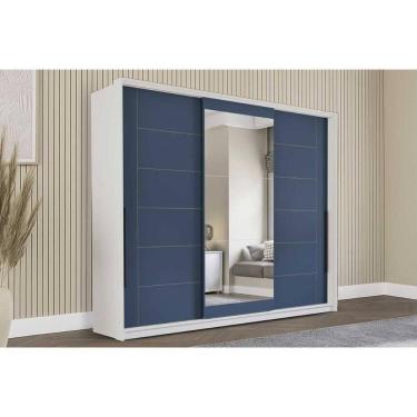 Imagem de Guarda Roupa 3 Portas De Correr (1 C/ Espelho) E 4 Gavetas Lisboa Branco/azul - Politorno