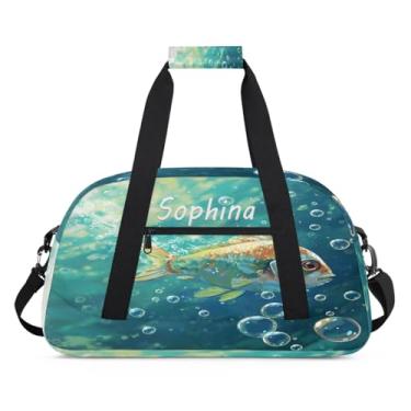 Imagem de Bolsa esportiva personalizada com peixe, azul oceano, com nome, bolsa de dormir personalizada, bolsa de fim de semana, bolsa de treino para dança, balé, academia, ginástica, mala, viagem, presente
