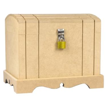 Imagem de Caixa Baú de Madeira Cru com Fecho e Cadeado com Chave – Ideal para Decoração ou Armazenamento(BAU COFRE + CADEADO)