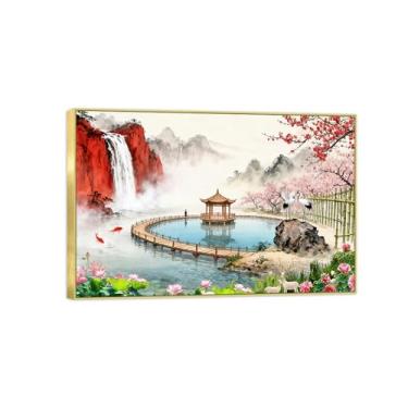 Imagem de BMZFYBS Imagem em tela de paisagem de parede chinoiserie - ponte do lago da montanha - pintura chinesa - impressões de moldura dourada para decoração de casa 50 x 75 cm 20 x 30 pol