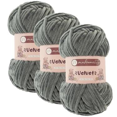 Imagem de Makromecity 3 novelos de fio de veludo 100 g (3,5 oz) / 120 m (132 jardas) fio de chenille premium 100% poliéster, ultra macio, antibolinhas, lavável na máquina, 30 cores para tricô e crochê (cinza, 3