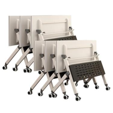 Imagem de SPXMQSS Mesa de conferência dobrável, mesa de treinamento de escritório móvel moderna mesa de reunião dobrável branca com rodas para sala de aula, escritórios 6 peças 140 x 50 x 75 cm