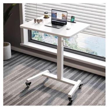 Imagem de SPXMQSS Mesa de pé ajustável em altura, mesa de sofá dobrável com moldura de metal, suporte móvel para laptop, mesa com rodinhas para casa, escritório, hospital, escola, branca