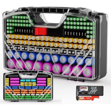 Imagem de Estojo organizador de bateria, caixa organizadora de suporte de armazenamento de bateria com testador - pacote sortido de 285 baterias dupla face, comporta célula AA AAA 4A C D 9V 3V lítio LR44 CR2