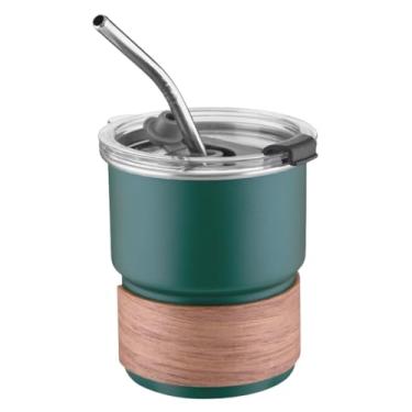 Imagem de Copo Térmico Inox 260ml com Tampa Vedante e Canudo Inox – Parede Única, Detalhe em Madeira Nogueira, Design Sofisticado para Bebidas Frias e Mornas (Verde)