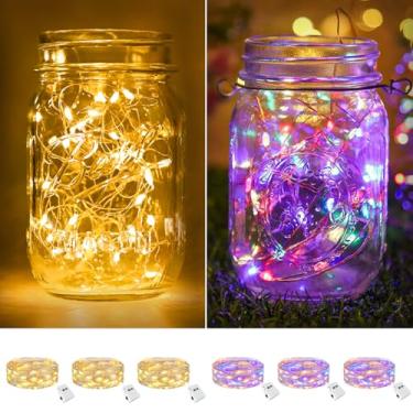 Imagem de btfarm Pacote com 6 luzes de fada operadas por bateria [3 modos], 2,1 m, 20 luzes de LED cintilantes, à prova d'água, pequeno, fio de prata para potes de pedreiro de Natal, mesa de casamento, branco