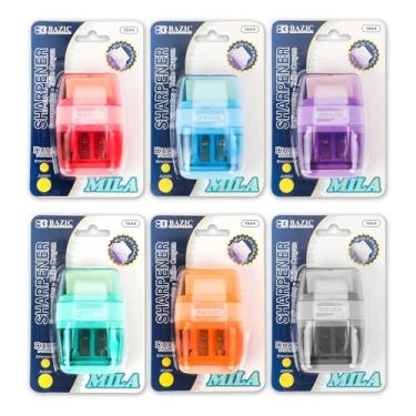 Imagem de BAZIC Products Apontador de lápis e borracha manuais, pacote com 6, apontador colorido com 2 furos de afiar com borracha, apontador de lápis portátil compacto com furo duplo, material de arte para