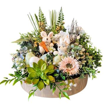 Imagem de Arranjo De Páscoa Casal Coelho Bege Floral Centro De Mesa