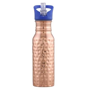 Imagem de VedaVessel Garrafa de água de cobre 100% puro de 350 ml com tampa e canudo - Pequena garrafa de água de cobre ayurvédica martelada - tampa sem BPA com bico (martelado, azul oceano)
