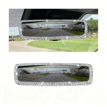 Imagem de FALVFUN Espelho retrovisor de carro brilhante, strass de cristal, diamante borda grande angular espelho retrovisor de veículo, decoração de interior automotivo panorâmica de encaixe, universal para