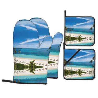 Imagem de Conjunto de luvas de cozinha estampadas para praia e palmeira com suportes de tampa, luvas de forno resistentes ao calor para manusear panelas quentes, grelhar, churrascos, kit de 4 peças.