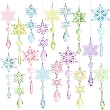 Imagem de Soulchen 18 peças de enfeites de flocos de neve de cristal pastel de Natal para pendurar em árvores, enfeites de gelo de floco de neve de acrílico com pingentes de gota, decorações de Natal rosa