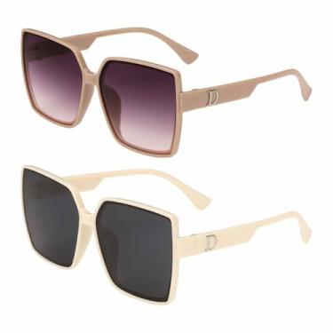Imagem de HARFINGTON 2 peças de óculos de sol para mulheres e homens, armação grande de policarbonato em forma de D óculos de sol modernos com proteção solar para dirigir, fazer compras e tirar fotos, bege e