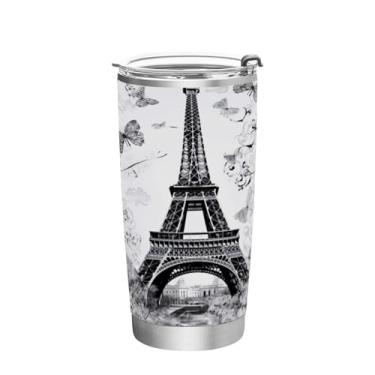 Imagem de Wassud Copo Torre Eiffel de 350 ml com tampa e canudo, copo isolado a vácuo de parede dupla de aço inoxidável para bebidas frias e quentes