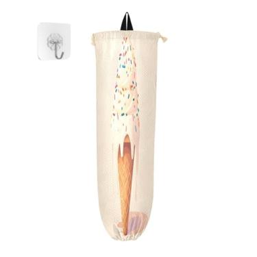 Imagem de xigua Suporte de parede para saco de plástico de cone de sorvete com cordão, pacote com 2, organizador de sacolas de supermercado reutilizável para bolsas, meias, roupas íntimas e gravatas