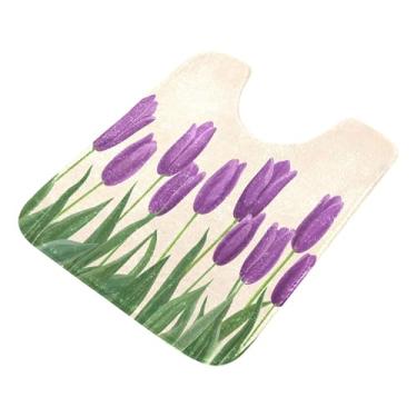 Imagem de Burbuja Tapete de banheiro de tulipas roxas, tapete de banho absorvente de pelúcia macio, base antiderrapante para piso de banheiro, oval em forma de U