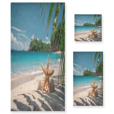 Imagem de xigua Cena de praia com folhas de palmeira conjunto de toalhas de banheiro absorvente macio 3 peças toalha de banho toalha de mão toalhas decorativas para banheiro, academia, hotel, praia, piscina