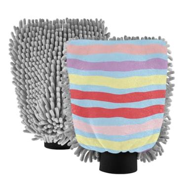 Imagem de STAYTOP Luvas de lavagem de carro com listras coloridas, 2 peças, luvas de microfibra de chenille, sem arranhões, panos de esponja de lavagem ultra absorventes para carros, limpeza doméstica - M