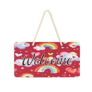 Imagem de Burbuja Placa de boas-vindas arco-íris para porta da frente, placa de boas-vindas de PVC para pendurar na parede varanda casa de fazenda, decoração de feriados, 15 x 28 cm