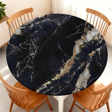 Imagem de Yesad Toalha de mesa redonda com borda elástica para mesa redonda de até 134 a 152 cm, capa de mesa impermeável para acampamento, interior, exterior, férias, verão, mármore preto