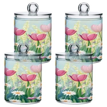Imagem de STAYTOP 2 frascos de boticário de tulipa em aquarela linda primavera com etiquetas – recipiente de armazenamento de plástico transparente para bola de algodão, cotonete, grão de café