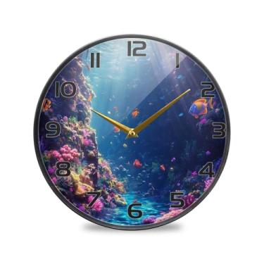 Imagem de YETTASBIN Relógio de parede de acrílico colorido com peixes marinhos - Silencioso, sem tique-taque, operado por bateria, relógio redondo decorativo criativo para cozinha, sala de estar, banheiro