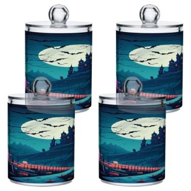 Imagem de STAYTOP 4 frascos de boticário Qtip para banheiro com etiquetas – Recipiente de armazenamento Qtip de plástico transparente para bola de algodão, cotonete, grão de café, abóbora de Halloween e castelo