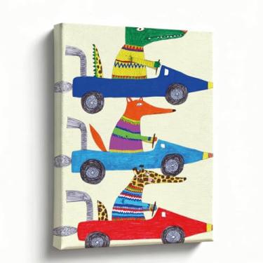 Imagem de Arte em tela de carros de corrida de animais - 20 x 25 cm Personagens de animais coloridos em carros para decoração de quarto, sala de estar e sala de jogos - Arte de animais divertidos e vibrantes em
