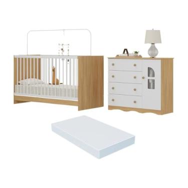 Imagem de Berço 3 em 1 com Colchão Incluso e Cômoda 1 Porta 4 Gavetas Liz Multimóveis Mp4769 Madeirado/branco