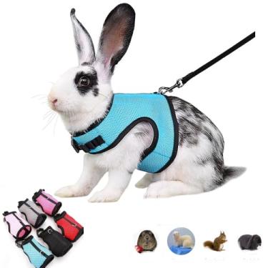 Imagem de Arreio de coelho com conjunto de coleira à prova de fuga, colete de malha macia com fivela ajustável para furão, porquinho-da-índia, hamster, caminhar, animais pequenos, rato, azul, GG
