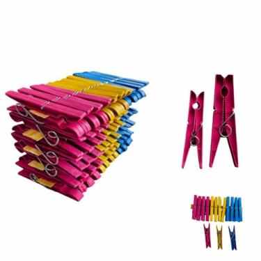 Imagem de Kit com 36 Pregadores de Roupa em Plástico Reforçado, Cores Sortidas Rosa Amarelo Azul, 8 cm