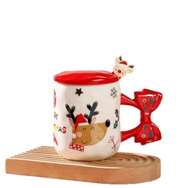 Imagem de CWPJUNDGP Caneca de cerâmica de desenho animado de Natal com tampa e colher, 401-500 ml, Papai Noel/Rena/boneco de neve, perfeita para escritório em casa, Natal