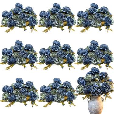 Imagem de ASTRYAS 8 peças de flores artificiais de peônias azuis, peônias artificiais de noiva, peônias de seda, buquê de peônias falsas para mesa de centro de mesa, festa de casamento, decoração de casa