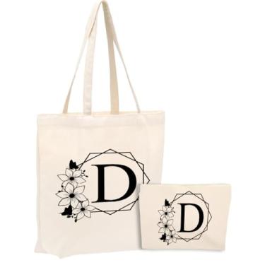 Imagem de Sacola de lona inicial, presentes personalizados, adequada para casamento, aniversário, praia, férias, trabalho, dia das mães, conjunto de bolsa de cosméticos de Natal e sacola de presente monograma