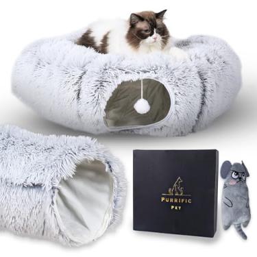 Imagem de Purrific Pet Cama de túnel para gatos 3 em 1, túneis macios que reduzem a ansiedade para gatos internos com interior de pelúcia premium, túnel de donut para gatos, cama de caverna para gatos Peakaboo,