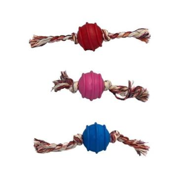 Imagem de Bola Mordedor com Corda para Cachorro, 2 Nós, Borracha e Corda, 24cm x 9cm, 75g, Brinquedo Interativo