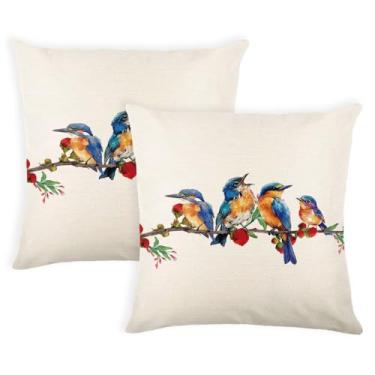 Imagem de yeshttdy Conjunto de 2 capas de almofada para pássaros pequenos azul primavera 40,6 x 40,64 cm conjunto de 2 fronhas decorativas florais para decoração de primavera para sofá, sofá e jardim