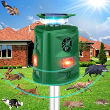Imagem de Repelente ultrassônico de animais, repelente de gatos 360° ao ar livre, repelente solar de animais de pragas, repelente de cervos de esquilo com sensor de movimento e luz intermitente, repelir cães de