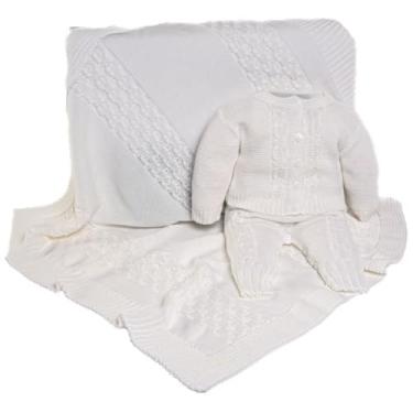 Imagem de Kit Saída Maternidade 3 Peças com Jardineira, Casaco e Manta Tricot Unissex Off White, 100% Poliéster Hipoalergênico, Manta 75x75cm, Recém-nascido (Off White, RN)