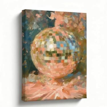 Imagem de Arte de parede de bola de discoteca, 20 x 25 cm, impressão em tela glamorosa retrô, arte pop moderna para quarto, sala de estar, sala de jogos, bar, dormitório, decoração de festa colorida, pronto