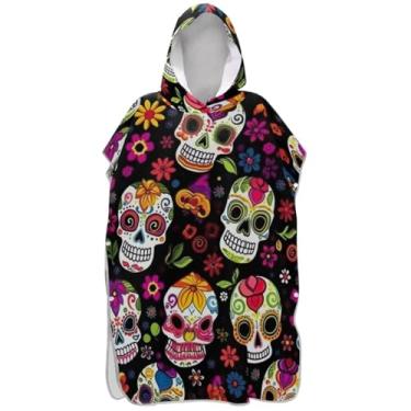 Imagem de Joisal Poncho de surfe para trocador de roupas de banho de praia com capuz vestíveis floral crânio de açúcar preto ponchos femininos com capuz