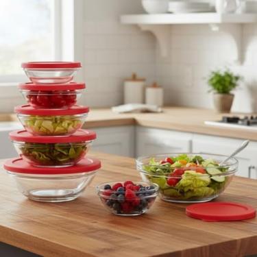 Imagem de Conjunto de Potes de Vidro com Tampa Vermelha, Redondos, 10 Peças, 135ml a 1000ml, Empilháveis, Próprio para Micro-ondas e Freezer