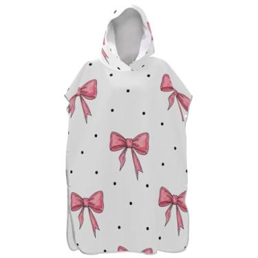 Imagem de Joisal Roupão de mudança de poncho de surfe branco com laço rosa fofo Adul Poncho masculino leve com capuz toalha de natação bonito