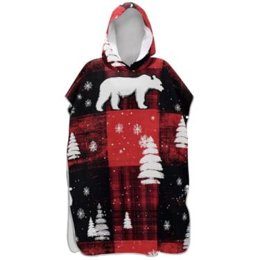 Imagem de Joisal Poncho de surfe para adultos trocador de roupão, toalhas de banho com capuz, secagem rápida, ponchos de praia para homens, vermelho, preto, xadrez, urso branco