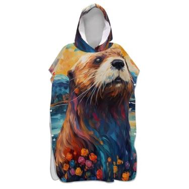 Imagem de TSENQUE Poncho de surfe colorido com estampa de lontra para adultos, roupão absorvente de praia, toalha de banho com capuz para homens