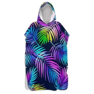 Imagem de TSENQUE Poncho de surfe trocador de roupão adulto praia com capuz toalha de banho leve aquarela folhas de palmeira arco-íris feminino ponchos com capuz