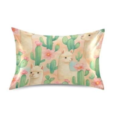 Imagem de Fronhas de cetim para resfriamento de cabelo bonito padrão Queen King fronha macia Queen Size 76.2 cm x 50.8 cm Cute Lhamas Cactus Flowers Pastel