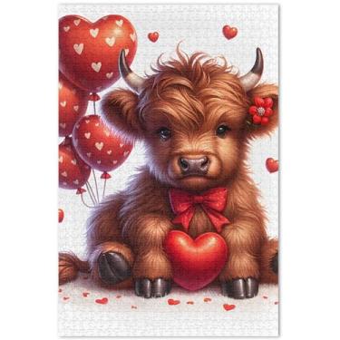 Imagem de Quebra-cabeças personalizados Highland Cow Valentine para adultos 1000 peças natureza, divertido, bobo, enigmas, paisagem, 75 x 40 cm