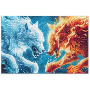 Imagem de Quebra-cabeça de dois lobos luta com fogo e chamas para adultos 500 peças arte floral pintura mordaça presente quebra-cabeça elefantes brancos presentes